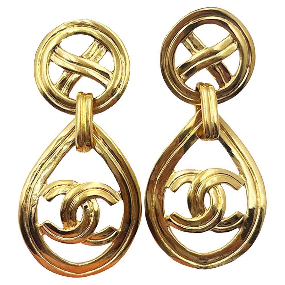 Chanel Vintage Gold Plated Round Cross CC Tear Drop Clip on Earrings For Sale