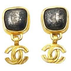 Chanel Vintage Gold Plated Square Brown Stone CC Clip on Earrings 