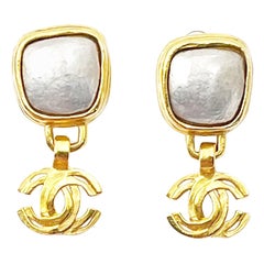 Chanel Vintage Gold Plated Square Silver Stone CC Clip on Earrings
