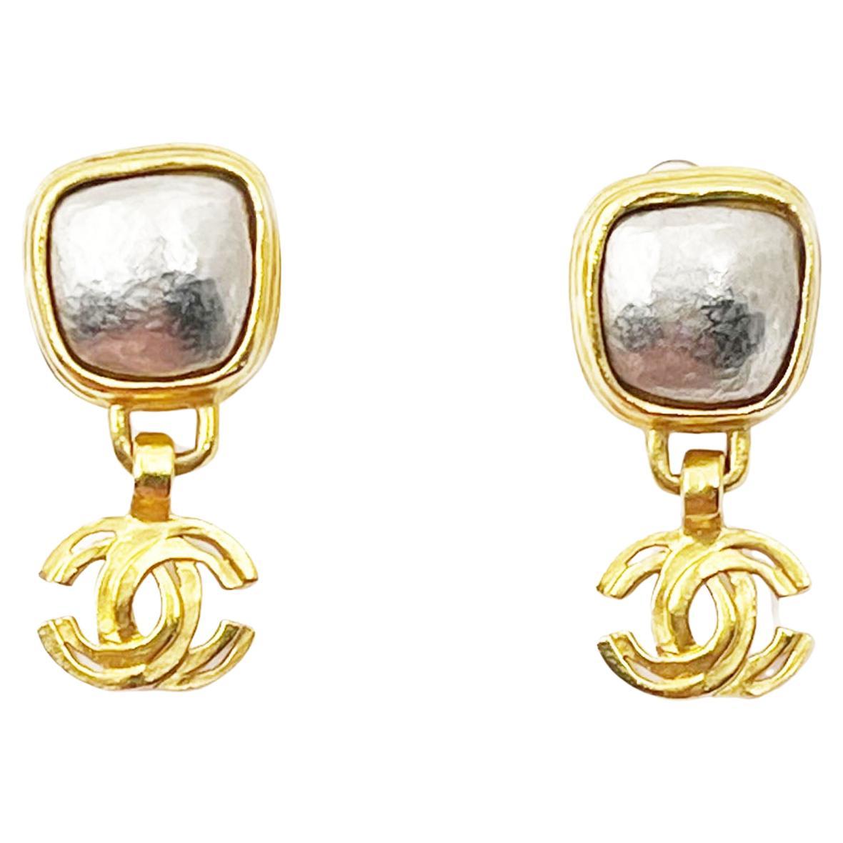 Chanel Vintage Gold Plated Square Silver Stone CC Clip on Earrings  For Sale