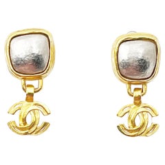 Chanel Retro Gold Plated Square Silver Stone CC Clip on Earrings 