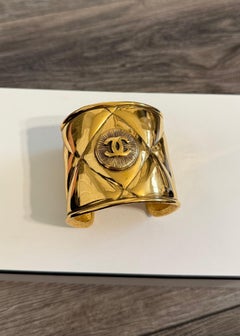 CHANEL Vintage Gold Quilted CC Medallion Cuff Bracelet