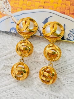 Chanel Vintage Gold Rare Trio White Pearl Round Openwork CC Long Drop Earrings