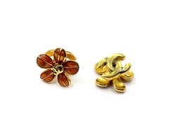 Chanel Classic Vintage Gold Rot Blume Grün CC Double Face Piercing Ohrringe