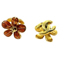 Chanel Classic Vintage Gold Red Flower Green CC Double Face Piercing Earrings