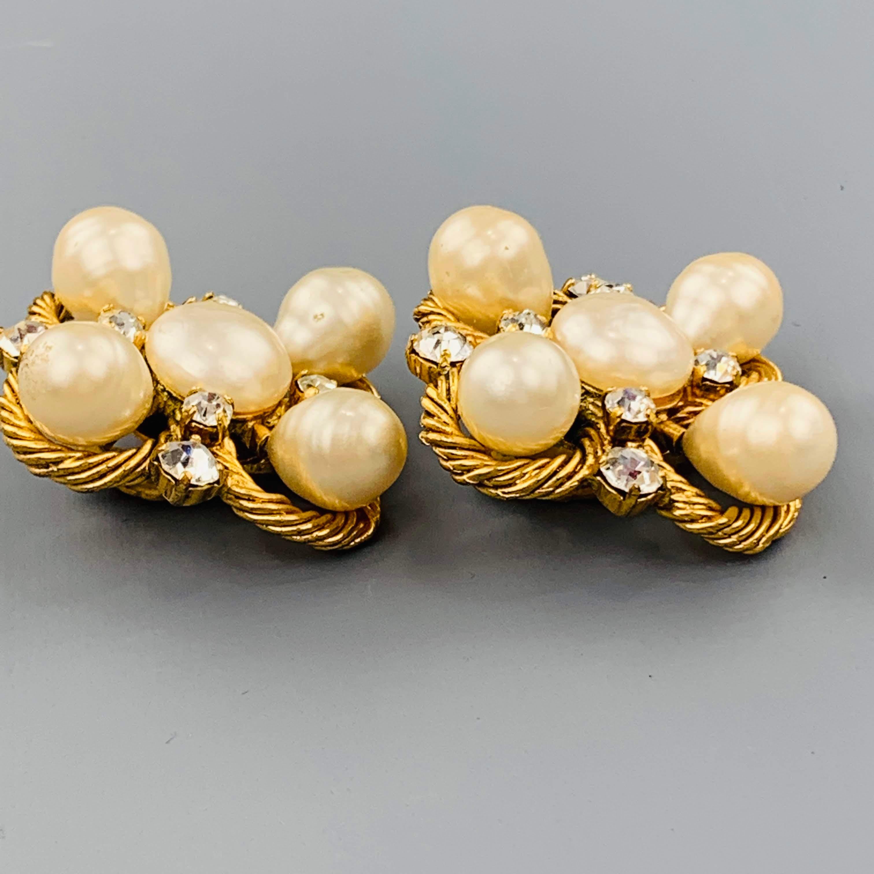 CHANEL Vintage Gold Rhinestone & Faux Pearl Cluster Clip On Earrings In Good Condition In San Francisco, CA