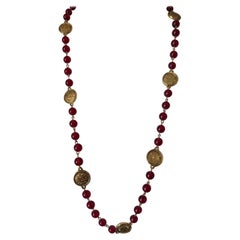 Chanel Vintage Gold Rue Cambon Coin Red Bead Long Station Necklace