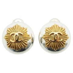 Chanel Vintage Gold Silver CC Sunburst Clip-on Earrings Silver Brass