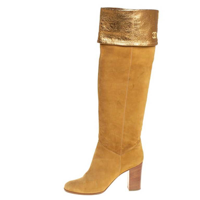 Chanel Vintage Gold Suede Fold CC Knee Length Boots Size 41 at