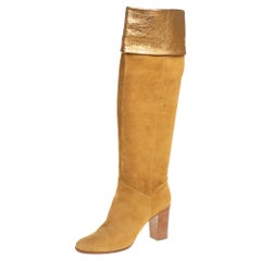 Chanel Vintage Gold Suede Fold CC Knee Length Boots Size 41