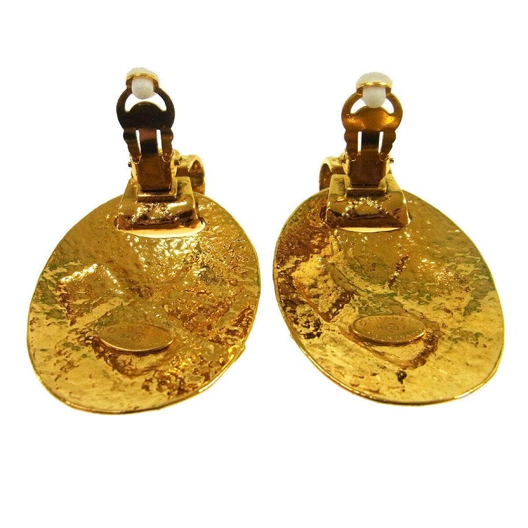 Chanel Vintage Gold Textured Cushion Oval Statement Evening Earrings in ...