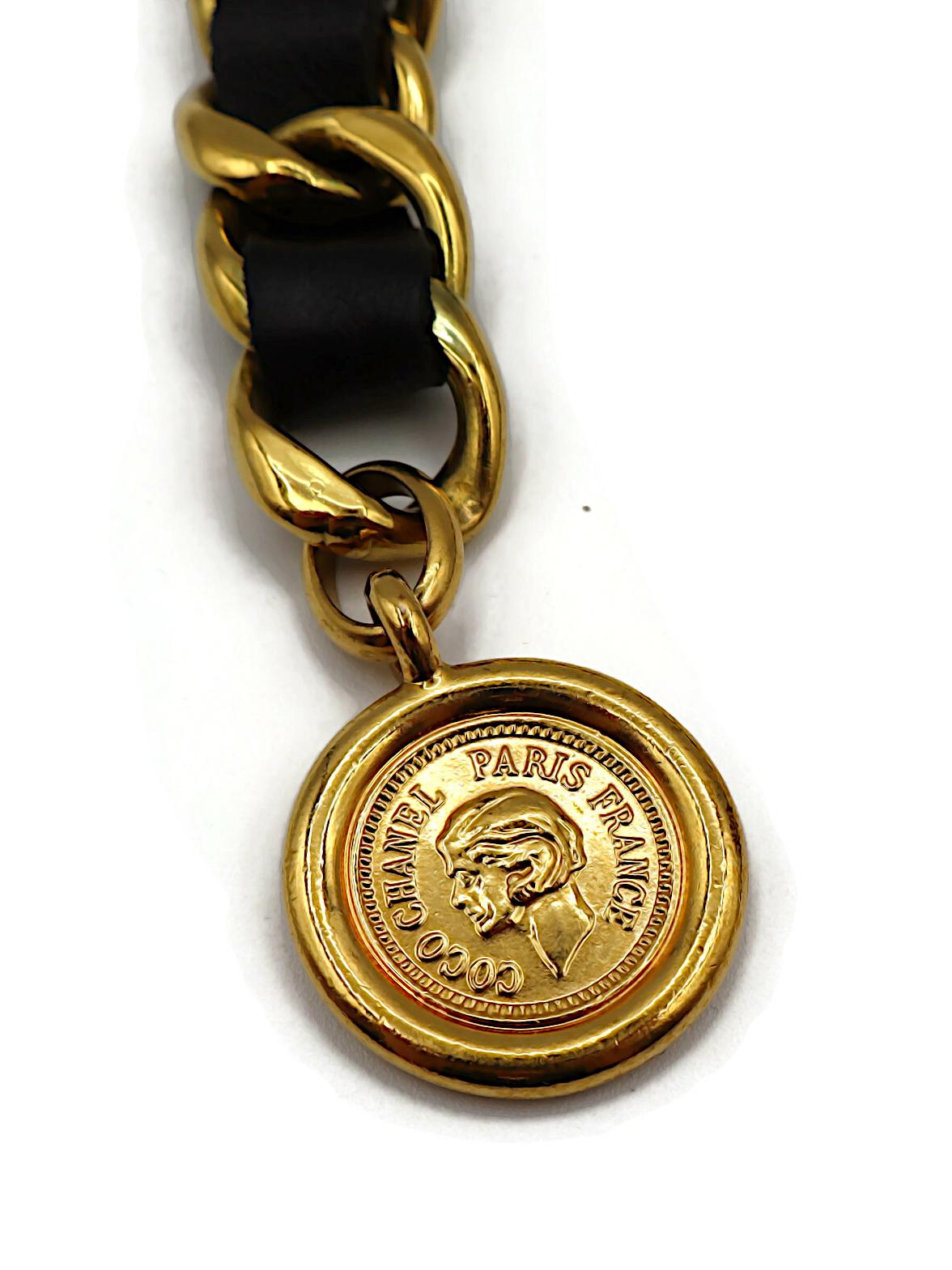 CHANEL Vintage Gold Tone and Black Leather Chain Belt, Spring 1994 5