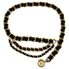 CHANEL Vintage Gold Tone and Black Leather Chain Belt, Spring 1994
