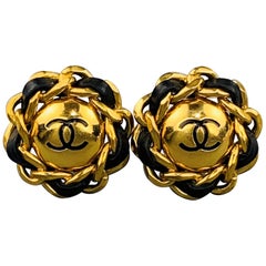 CHANEL VINTAGE Gold Tone & Black Leather Chain CC Clip On Earrings - Season 28