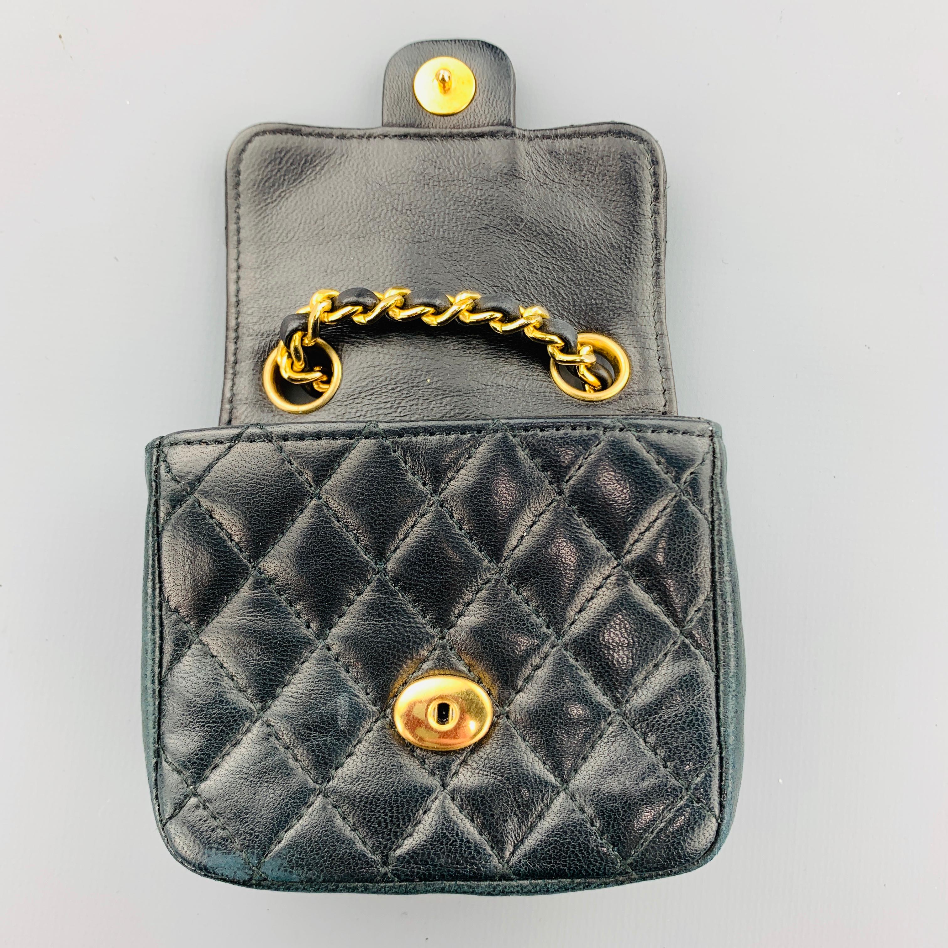 CHANEL Vintage Gold Tone Black Leather Woven Chain Mini Purse Pouch Belt 4