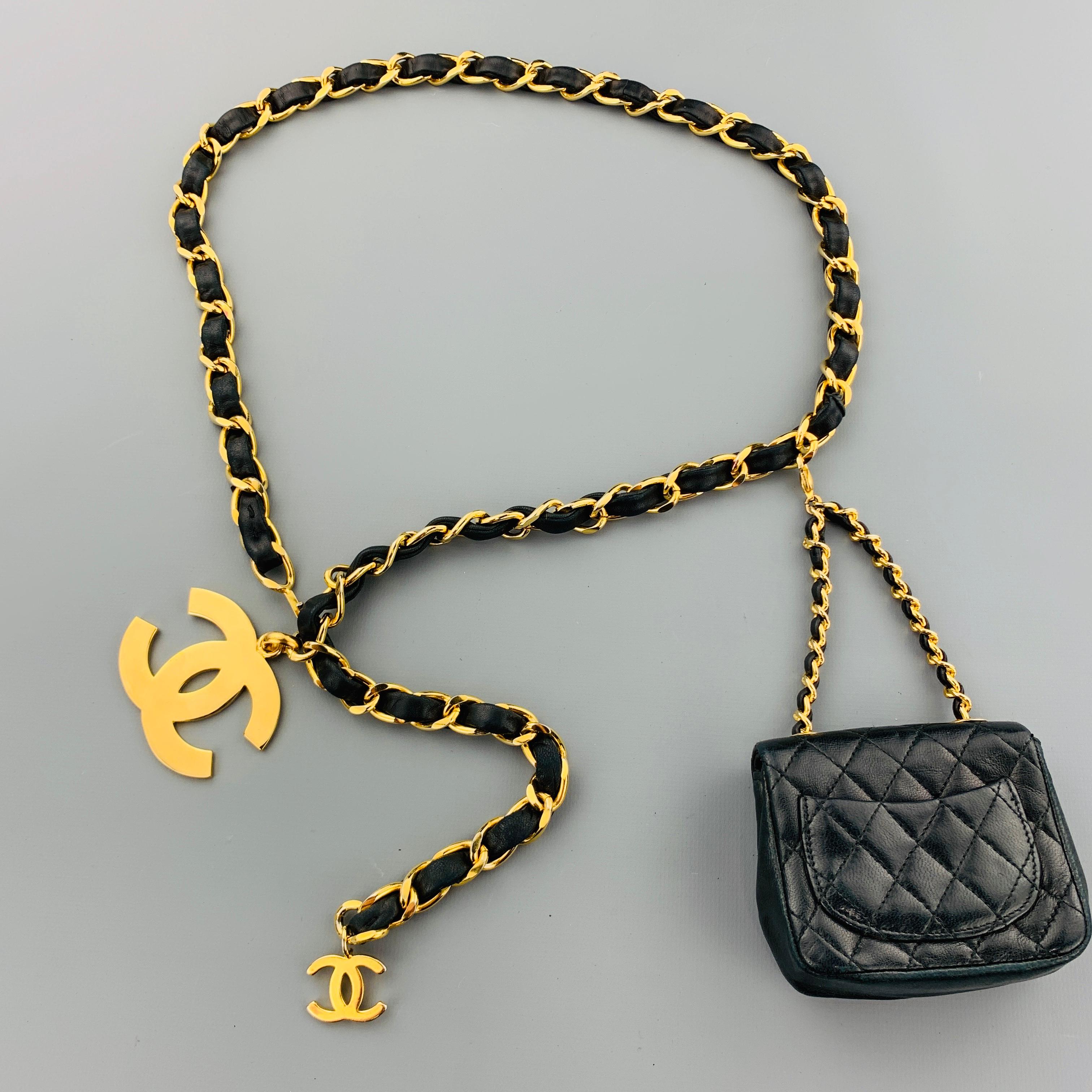 CHANEL Vintage Gold Tone Black Leather Woven Chain Mini Purse Pouch Belt 6