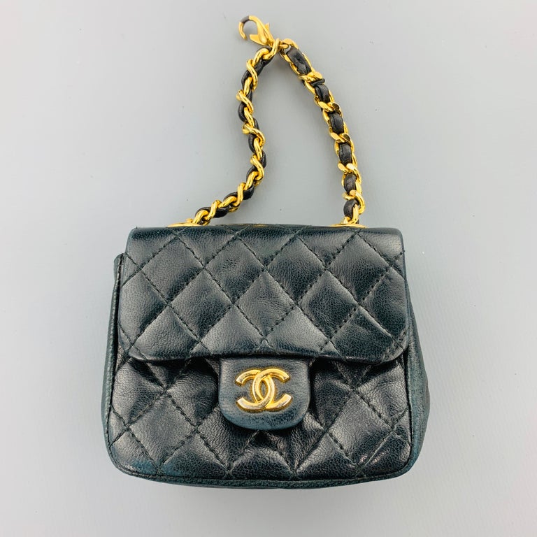 CHANEL Vintage Gold Tone Black Leather Woven Chain Mini Purse Pouch Belt For Sale at 1stdibs