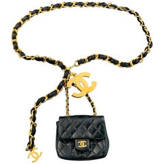 CHANEL Vintage Gold Tone Black Leather Woven Chain Mini Purse Pouch Belt