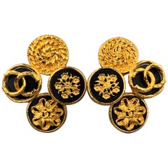CHANEL Antique Gold Tone & Black Metal CC Cluster Motif Clip On Earrings