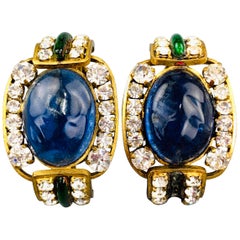 CHANEL Vintage Gold Tone Blue & Green Gem Rhinestones Gripoix Clip On Earrings