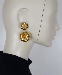 CHANEL Vintage Gold Tone Camellia Dangle Earrings