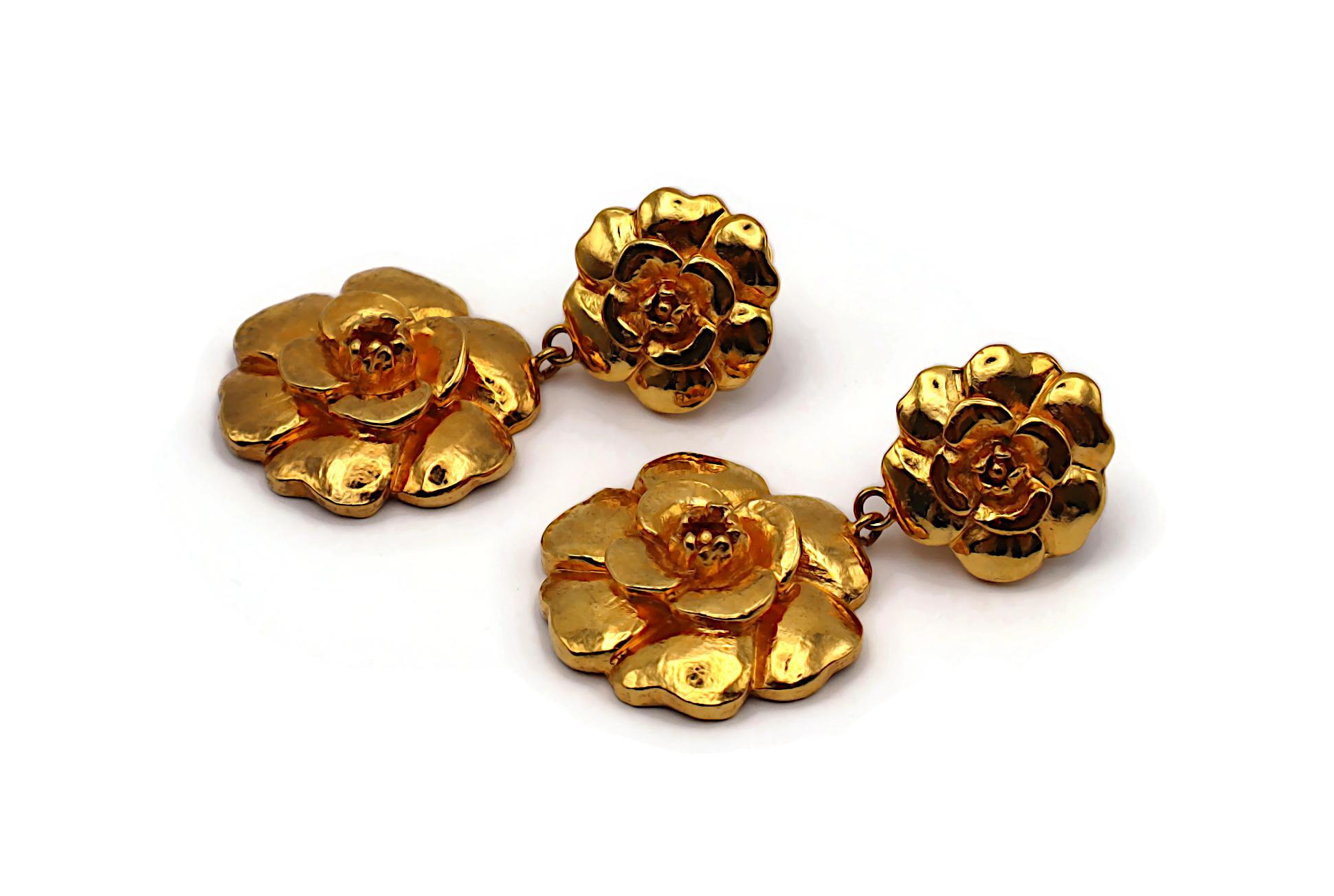 CHANEL Vintage Gold Tone Camellia Dangle Earrings For Sale 1