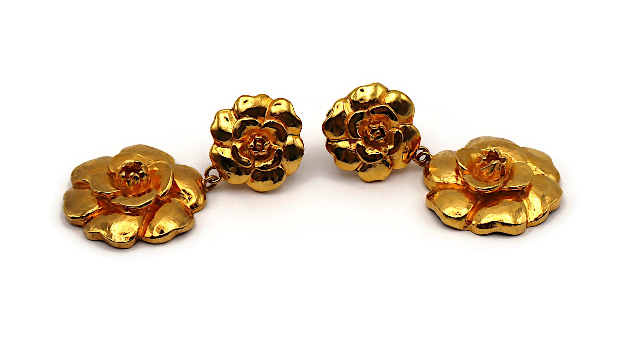 CHANEL Vintage Gold Tone Camellia Dangle Earrings For Sale 2