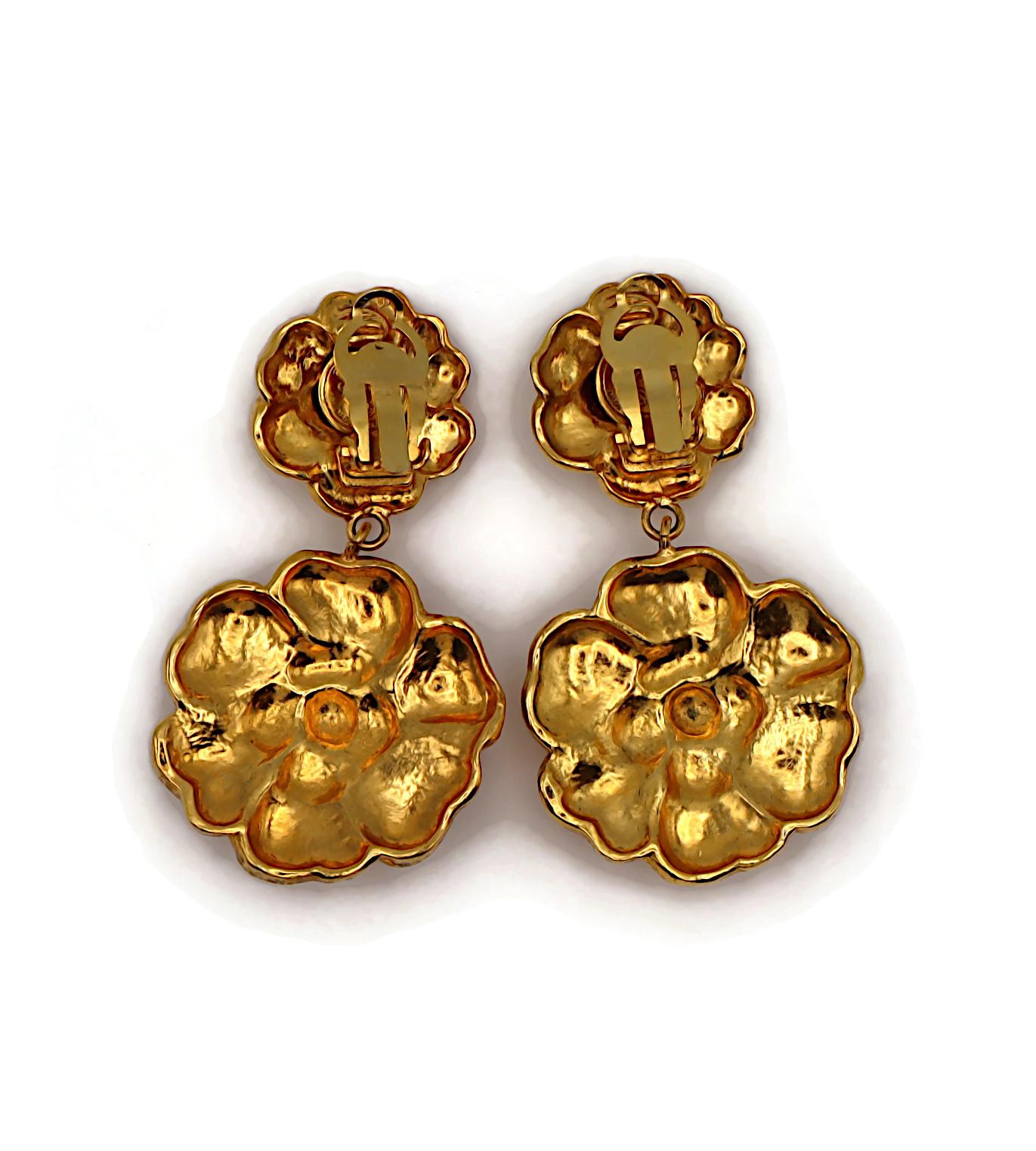 CHANEL Vintage Gold Tone Camellia Dangle Earrings For Sale 3