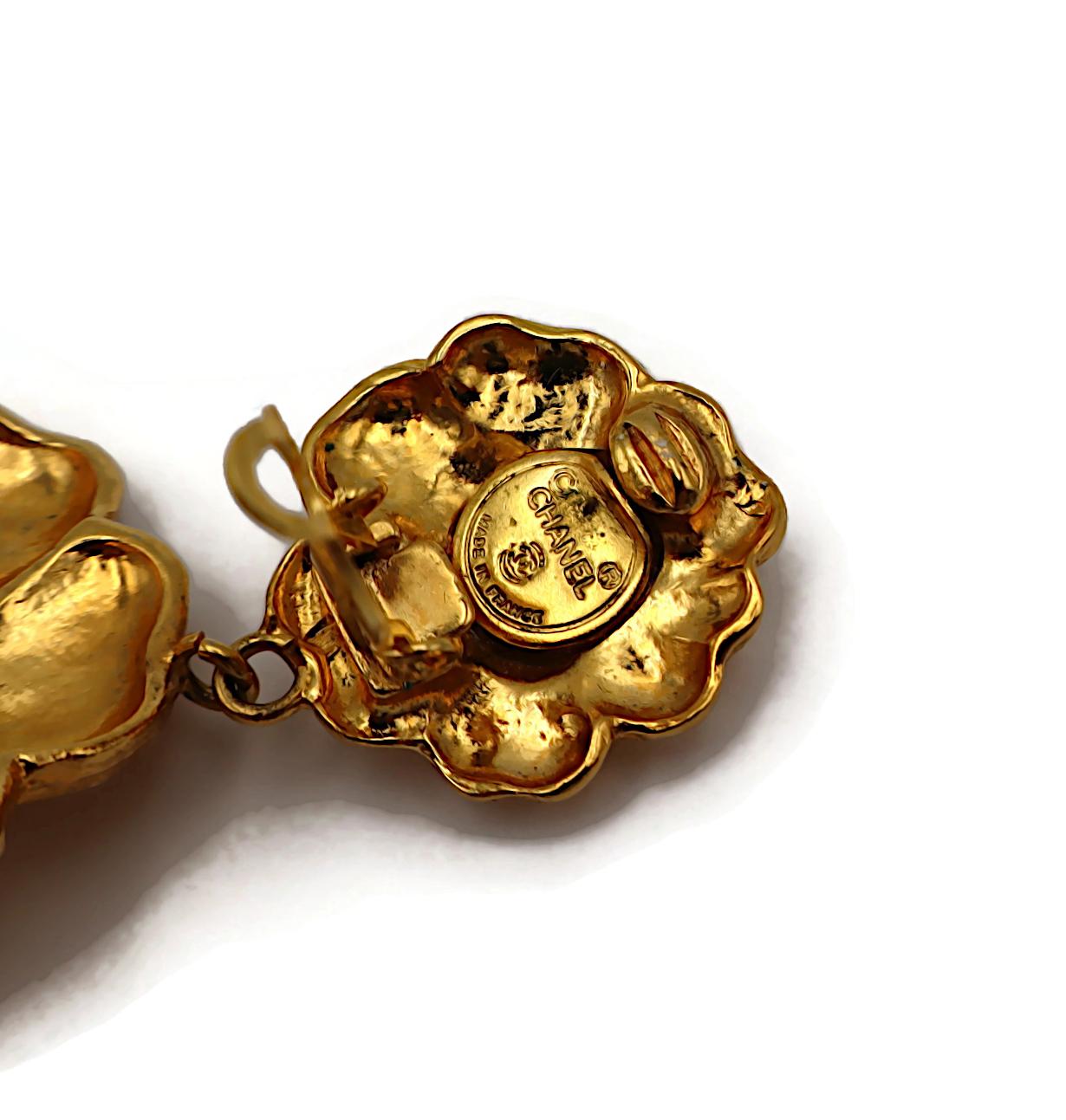CHANEL Vintage Gold Tone Camellia Dangle Earrings For Sale 4