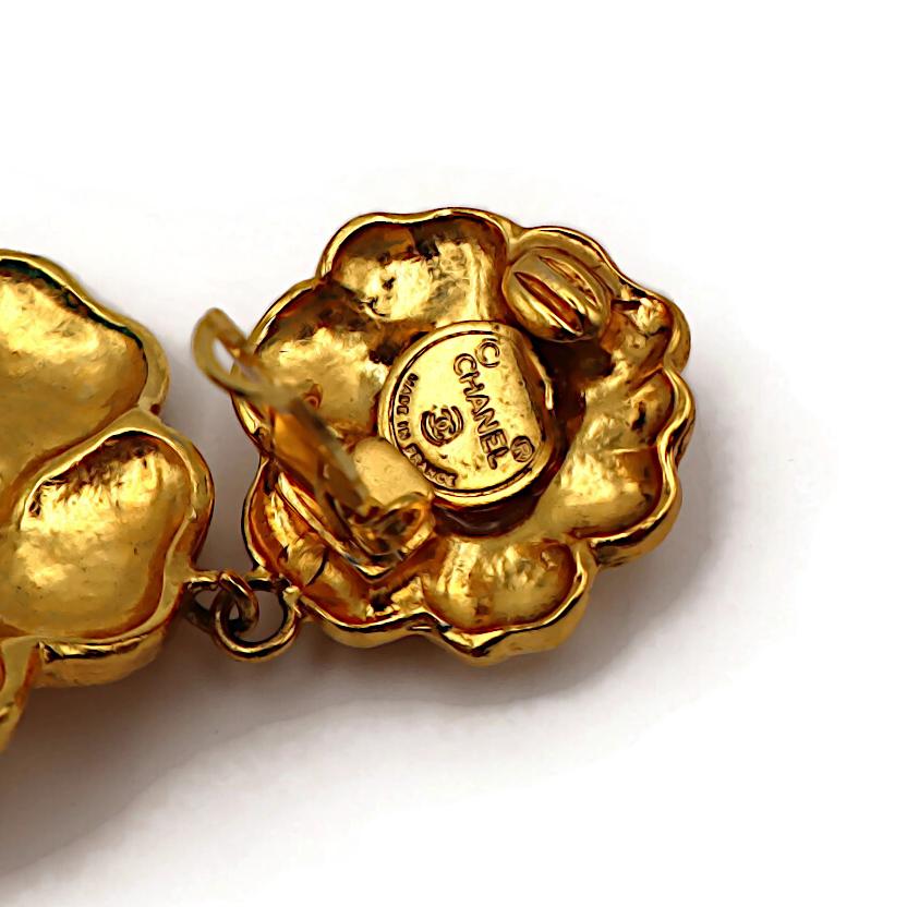 CHANEL Vintage Gold Tone Camellia Dangle Earrings For Sale 5