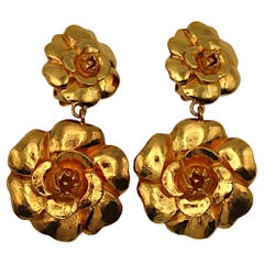 CHANEL Vintage Gold Tone Camellia Dangle Earrings
