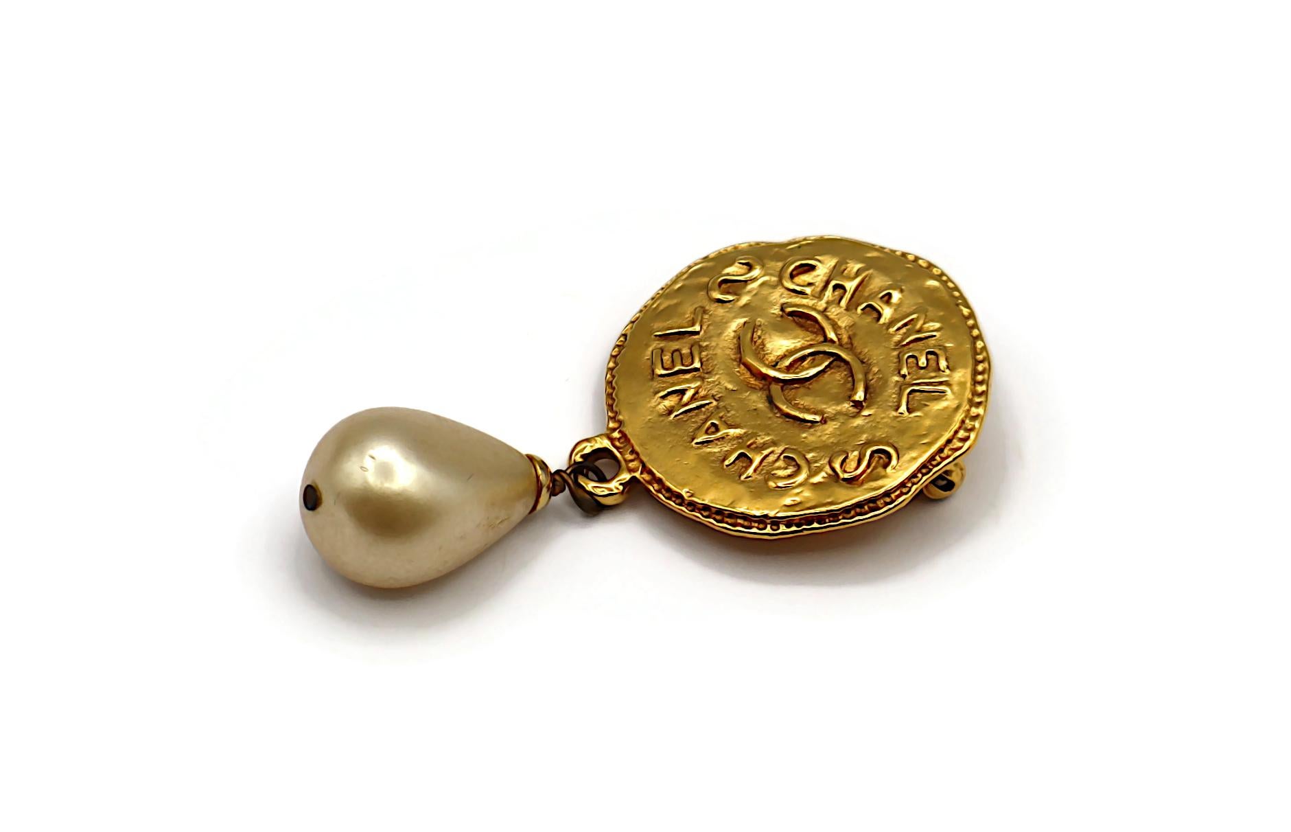CHANEL Vintage Gold Tone CC Medallion & Faux Pearl Brooch For Sale 1