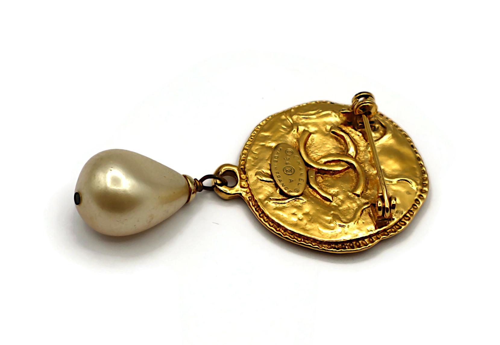 CHANEL Vintage Gold Tone CC Medallion & Faux Pearl Brooch For Sale 4