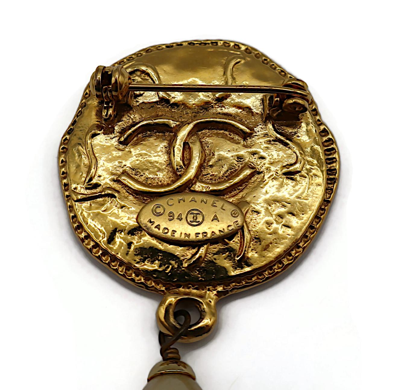 CHANEL Vintage Gold Tone CC Medallion & Faux Pearl Brooch For Sale 5