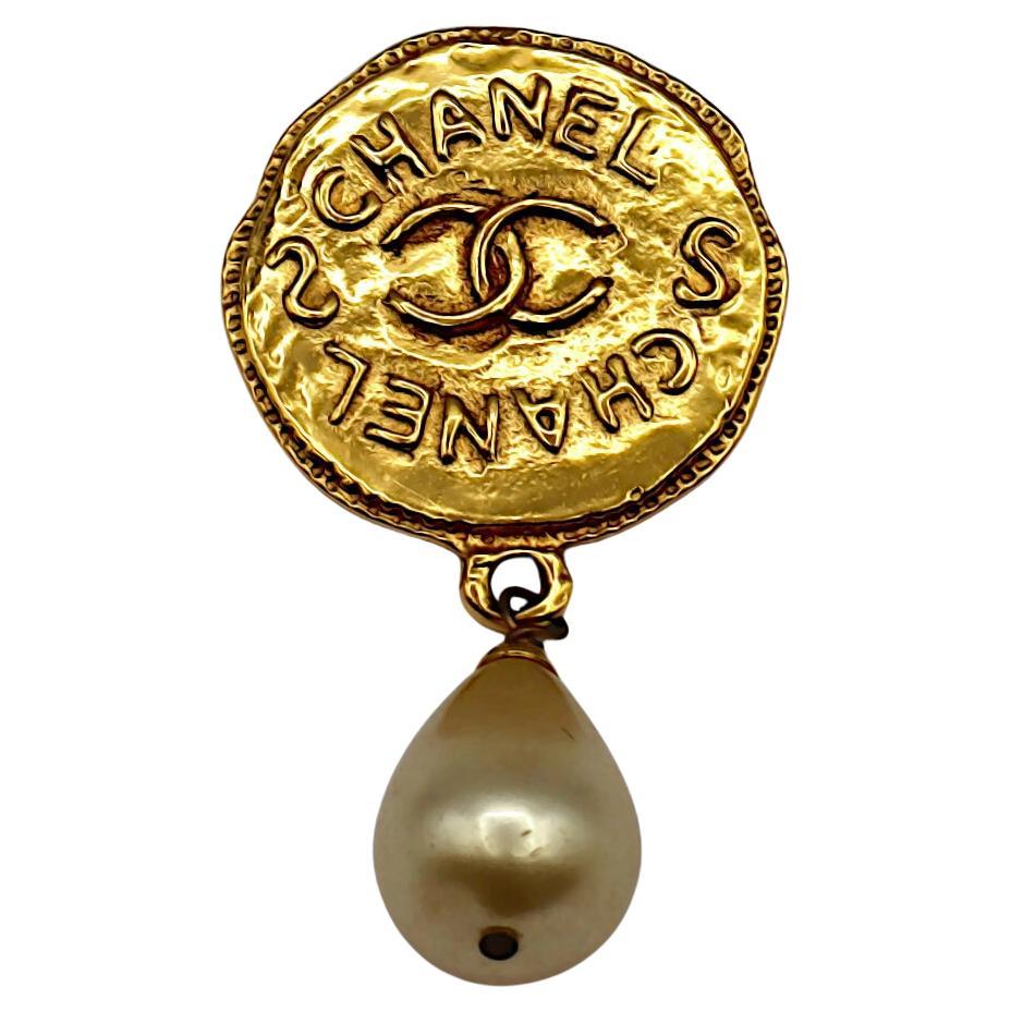 CHANEL Vintage Gold Tone CC Medallion & Faux Pearl Brooch