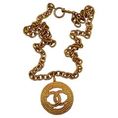 CHANEL Vintage Gold Tone CC Medallion Pendant Sautoir Necklace, 1993