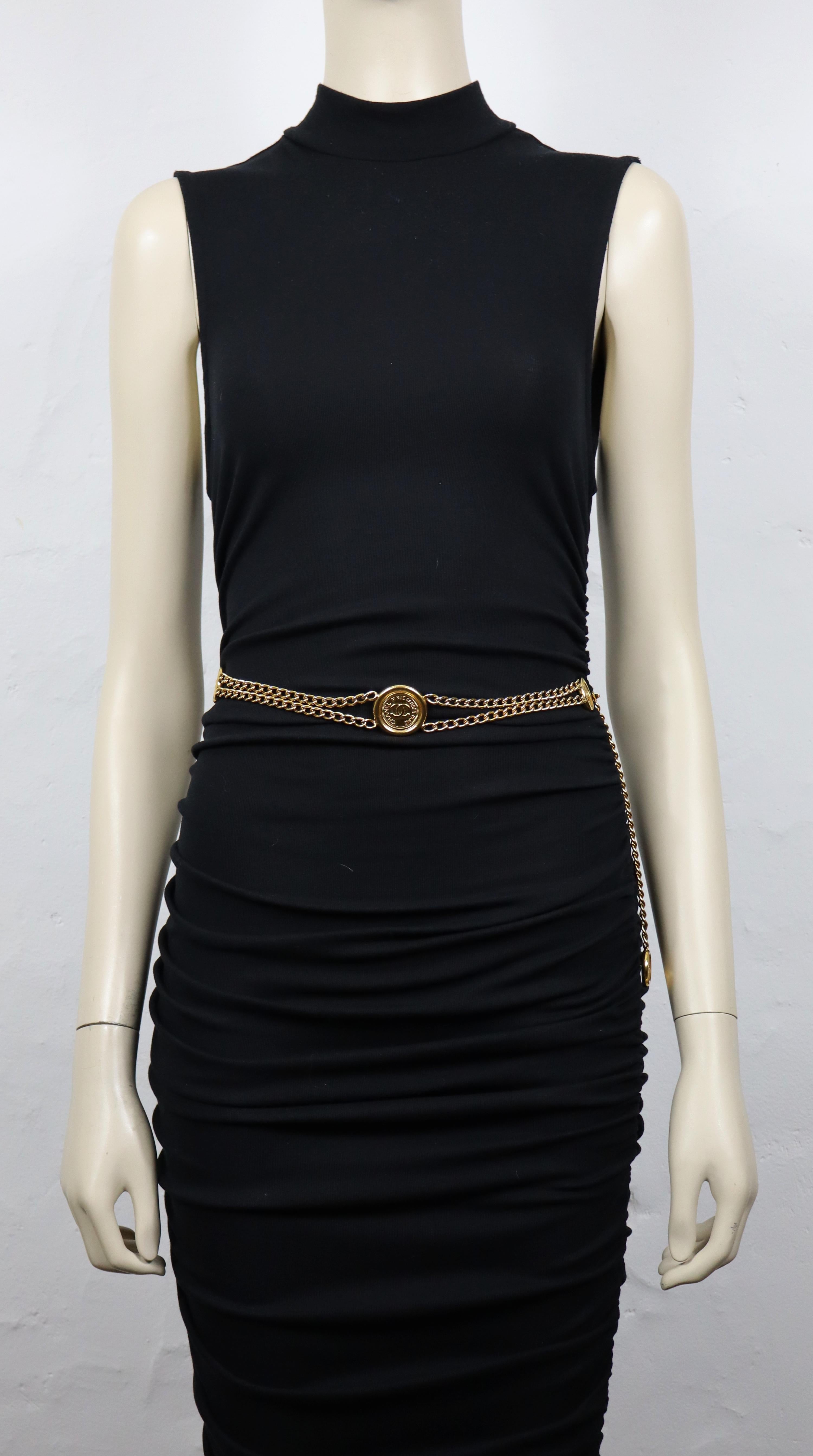 CHANEL by KARL LAGERFELD vintage gold tone chain belt featuring Chanel 31 Rue Cambon Paris CC coins.

Spring 1998 Collection.

Adjustable hook clasp closure.

Embossed CHANEL 98 P.

Indicative measurements : max. length approx. 81 cm (31.89 inches)