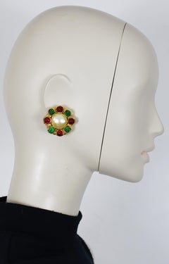 CHANEL Vintage Gold Tone Clip‑On Earrings with Faux Pearl and Gripoix Cabochons