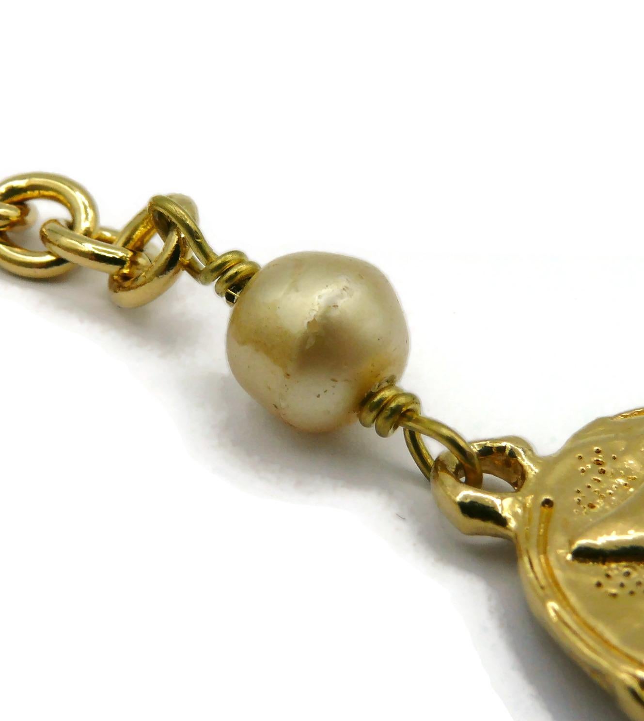 CHANEL Vintage Gold Tone Coin & Faux Pearl Necklace For Sale 15