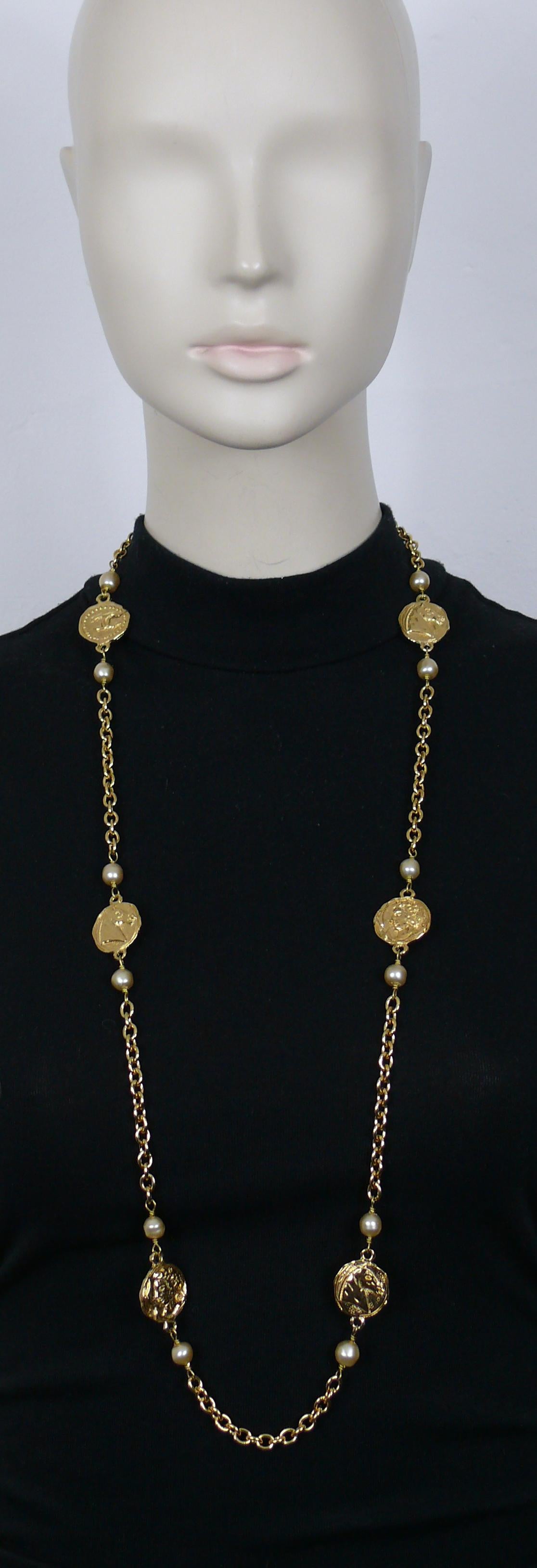 CHANEL vintage gold tone chain necklace featuring antique like coins and faux pearls.

Spring clasp closure.

Embossed CHANEL Made in France.

Indicative measurements : length approx. 95 cm (37.40 inches) / width of the coins approx. 2.2 cm (0.87