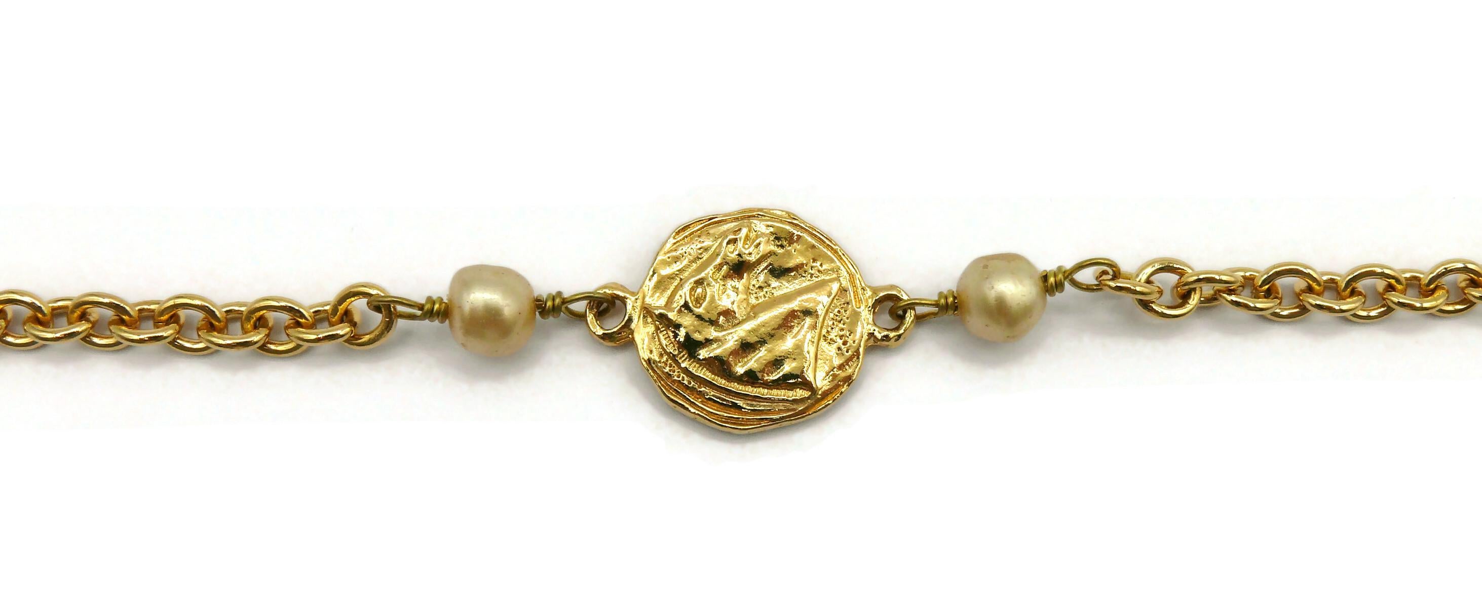 CHANEL Vintage Gold Tone Coin & Faux Pearl Necklace For Sale 2