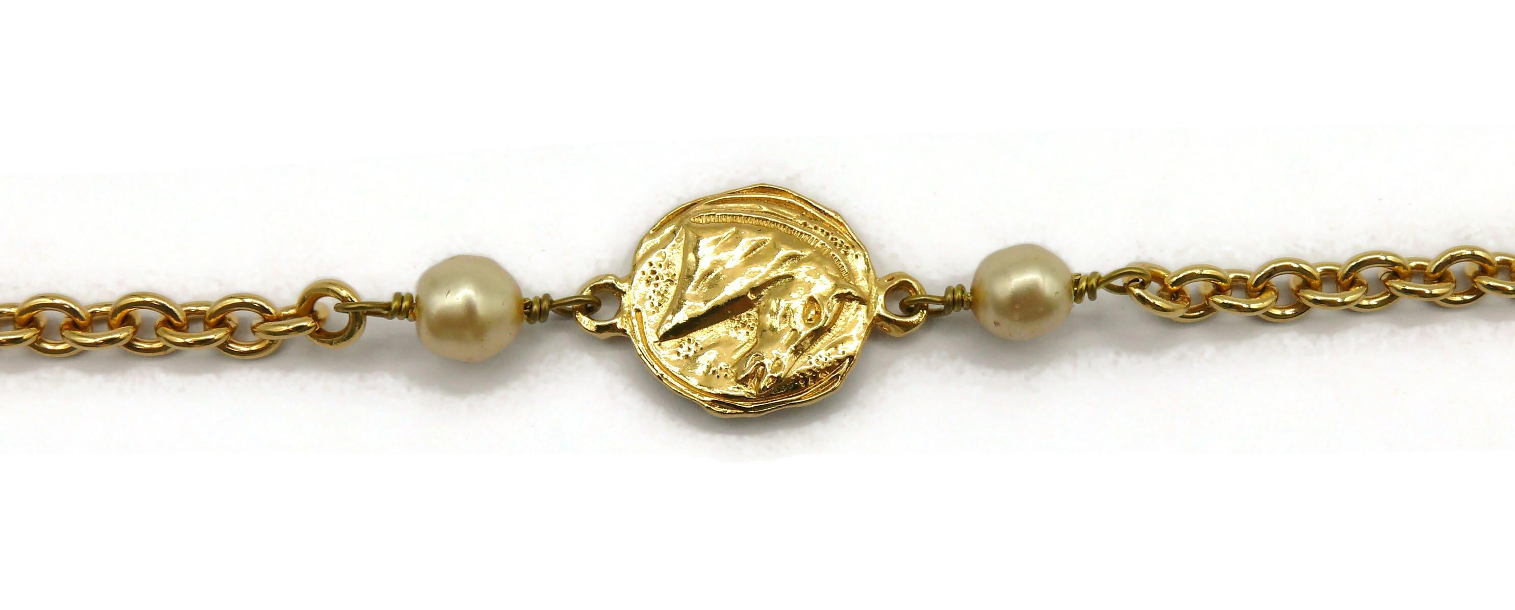 CHANEL Vintage Gold Tone Coin & Faux Pearl Necklace For Sale 6