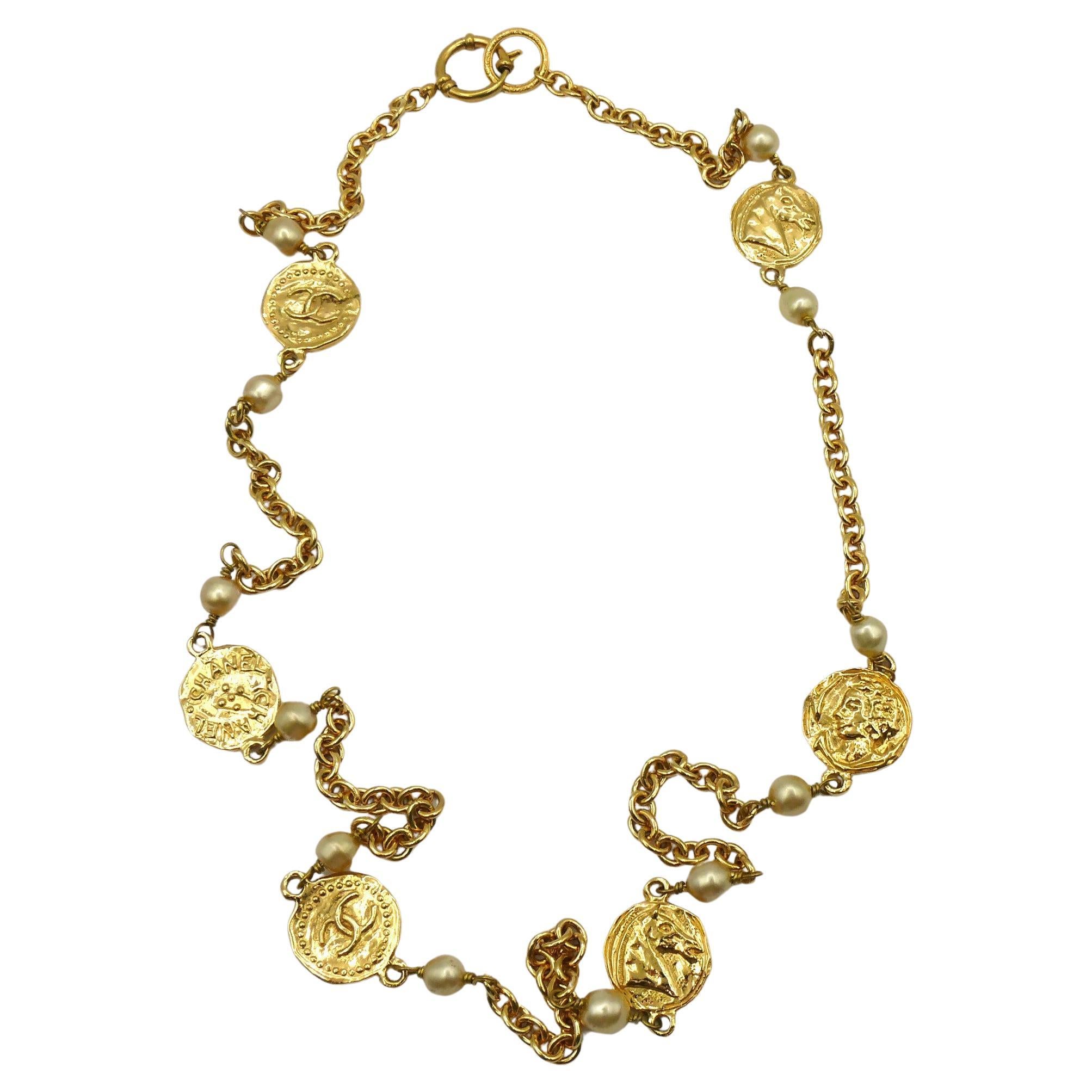 CHANEL Vintage Gold Tone Coin & Faux Pearl Necklace For Sale