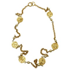 CHANEL Vintage Gold Tone Coin & Faux Pearl Necklace
