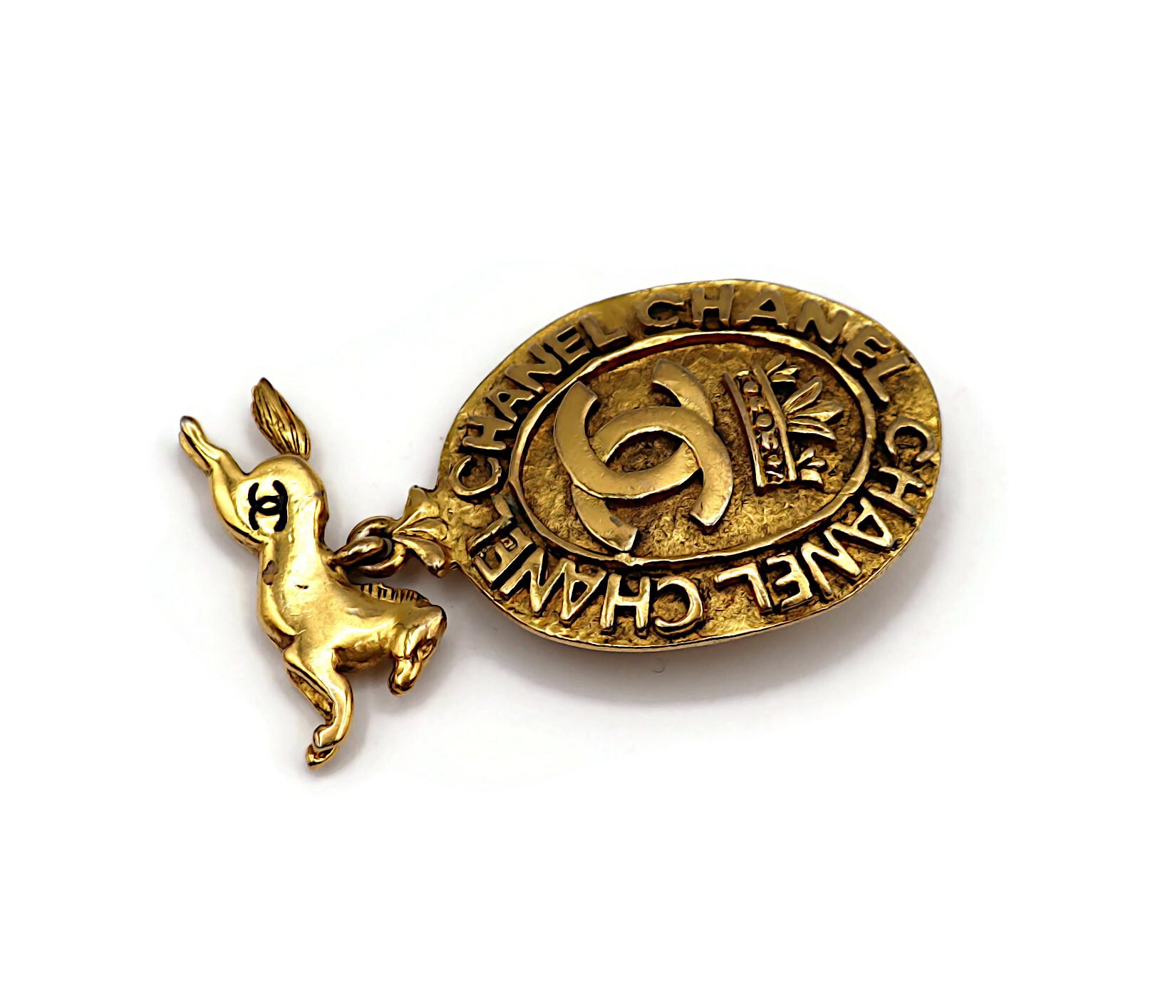 CHANEL Vintage Gold Tone Crown Horse Charm Medallion Brooch 1