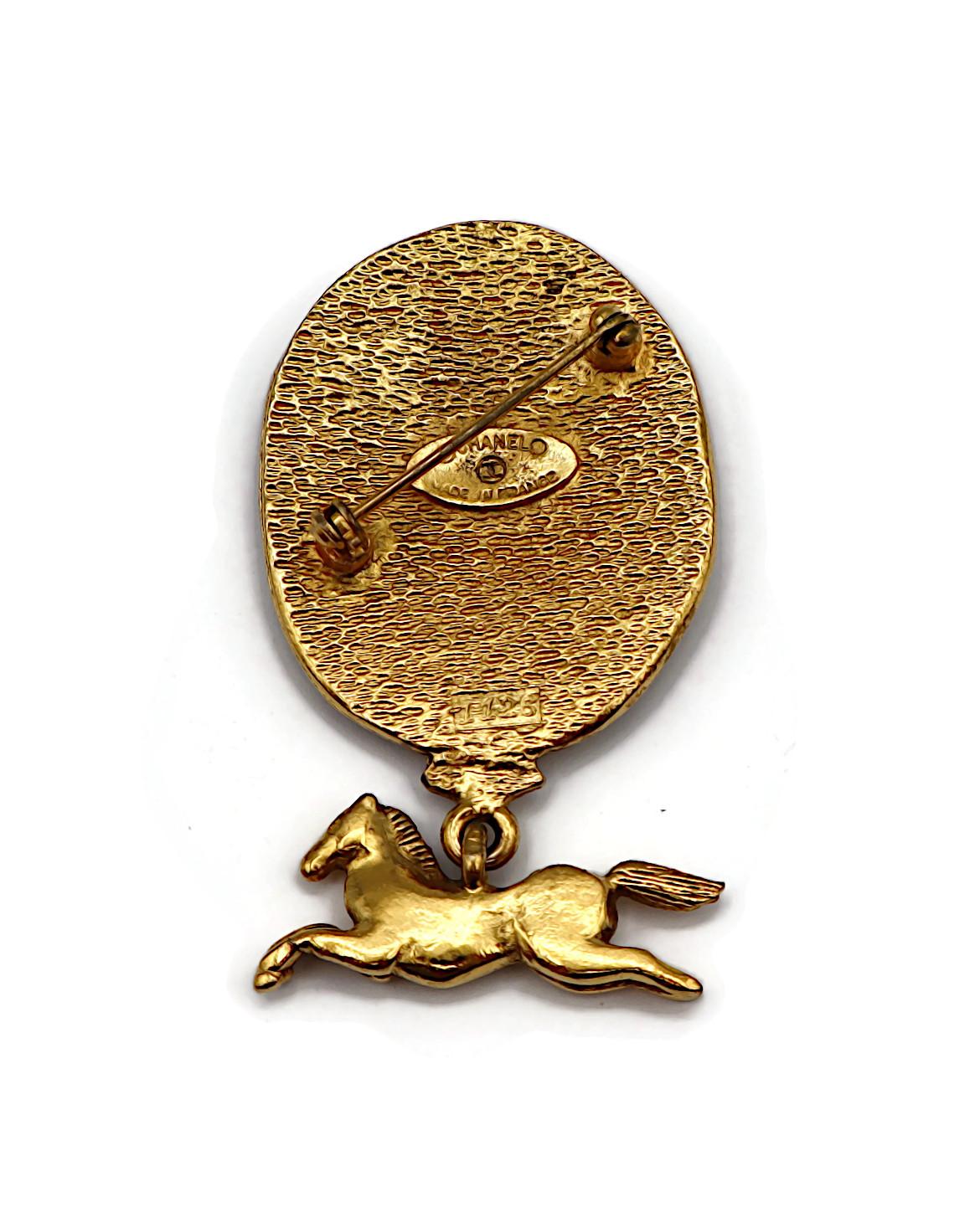 CHANEL Vintage Gold Tone Crown Horse Charm Medallion Brooch For Sale 2