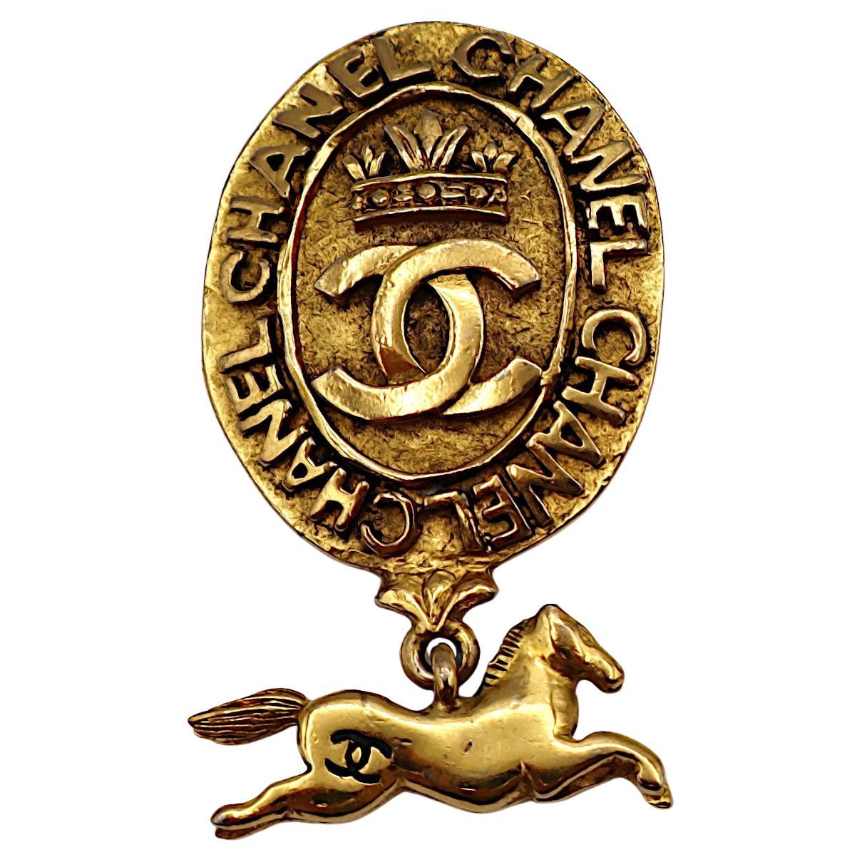 CHANEL Vintage Gold Tone Crown Horse Charm Medallion Brooch For Sale