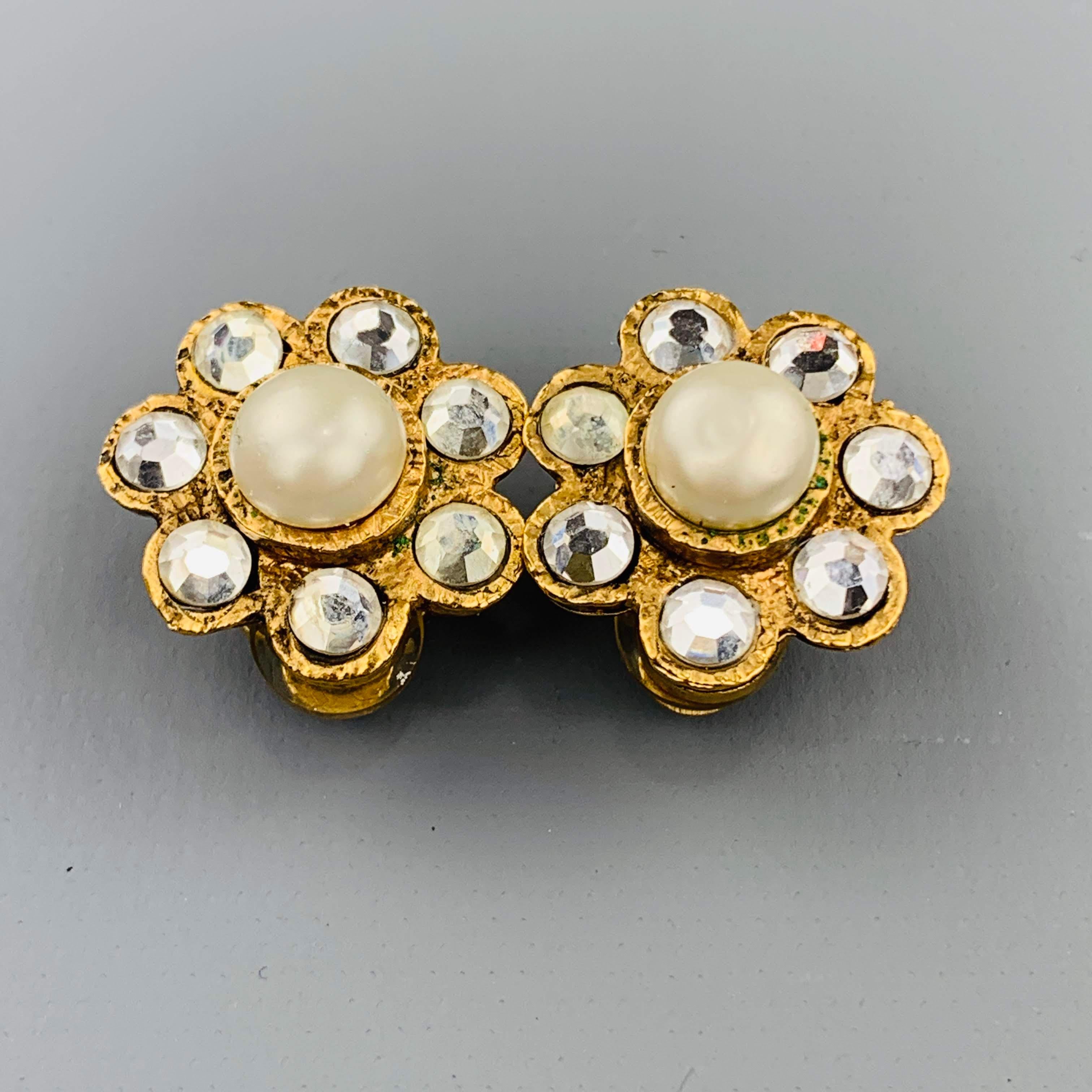 CHANEL Vintage Gold Tone Faux Pearl & Rhinestone Cluster Clip On Earrings In Good Condition In San Francisco, CA
