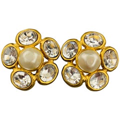 CHANEL Vintage Gold Tone Faux Pearl & Rhinestone Cluster Clip On Earrings