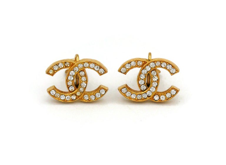 CHANEL Vintage Gold Tone Jewelled CC Clip-On Earrings For Sale at 1stDibs
